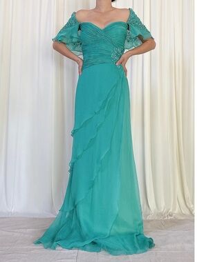 Vintage Chiffon Gown with Boned Ruched Bodice, Ruffled Skirt & Beaded  Sleeves